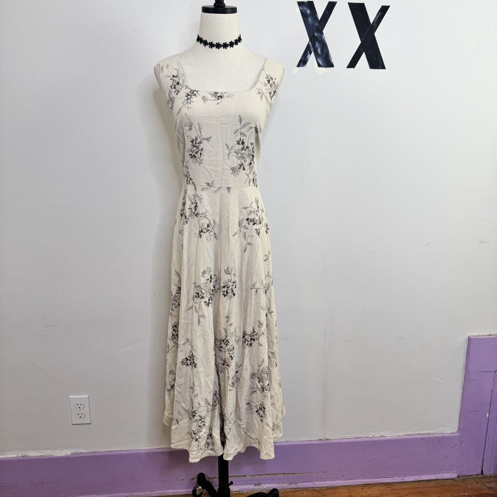 Vintage 90s Ivory Floral Embroidered Linen Sheath Dress Lined Square Neck 14